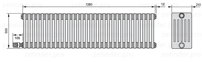 Схема (чертеж) Радиатор Zehnder Charleston 6050/30 №V004 Белый глянцевый RAL 9016